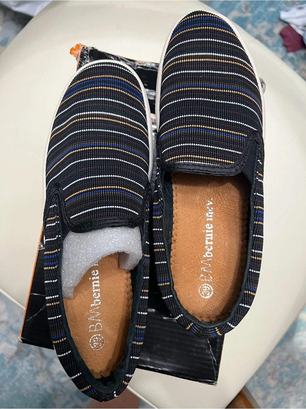 bernie mev. Black Striped Slip-On Flats with Blue and Tan Accents